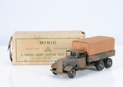 Lot 533 - A Tri-ang Minic Tinplate Clockwork 69M CF Six Wheel Army Canvas Tilt Lorry