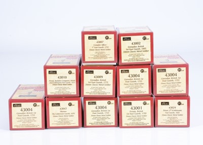 Lot 651 - W.Britain History of the British Army Redcoats series of individually boxed figures comprising 1st Foot Guards 43001 Private 1795, 43002 Grenadier 1805, 4 X 43004 Grenadier 1755