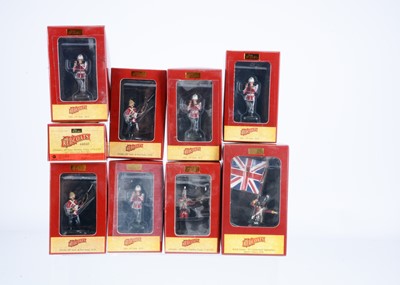 Lot 656 - W.Britain History of the British Army Redcoats series of individually boxed figures comprising 44014 Sutherland Highlanders Queen's Colour Ensign 1854, 4 X 44038 24th Foot Fifer 1879
