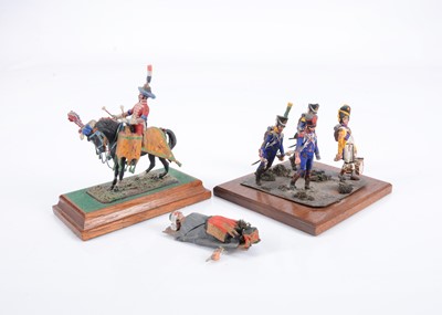 Lot 694 - Amateur-painted figures, probably Stadden models, of a French 2nd Empire tambour drummer, and French soldiers carrying a wounded officer on a stretcher