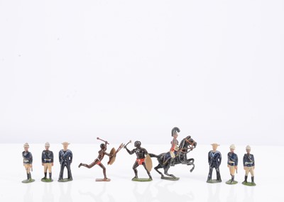 Lot 702 - A small selection of Britains less common figures comprising 1897 version mounted 1837 Lifeguards Officer from set 72 - missing tin sword, slightly twisted on base, playworn but complete