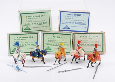 Lot 705 - Timpo mounted knights from 'Knights of the Round Table' in original individual boxes complete with shield and lance comprising King Arthur, Lancealot, Sir Percival