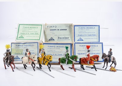 Lot 706 - Timpo mounted knights in original boxes complete with shield and weapon, from various film-related series comprising 'Knights of the Round Table' KN77 The Green Knight, Sir Gareth, Sir Agravaine