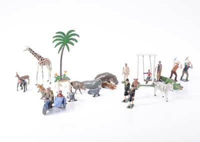 Lot 713 - A small selection of hollow cast lead figures comprising recent copies of Britains 641 Civilian Motorcycle and Sidecar, 2 Navvies, and Boy on swing