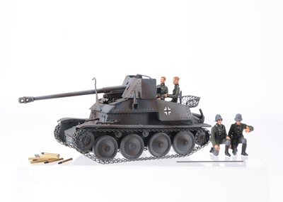 Lot 714 - Military Transport Toys series of WWII military vehicles made in heavy-gauge tinplate metal, made to compliment 75mm Elastolin, and Lineol figures, comprising German Marder III Self-Propelled Gun
