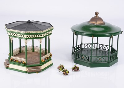 Lot 724 - 2 Bandstands, one a superb example by John Gittin Models with lighting - not tested - baskets, and boxes, of flowers, and the other band stand made of cast metal, with tin roof, on wooden base