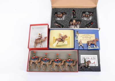 Lot 754 - British Indian Army mounted figures and accessories by various makers comprising Fusilier Miniatures 6 pce Indian Supply Column (3 men, 3 mules)