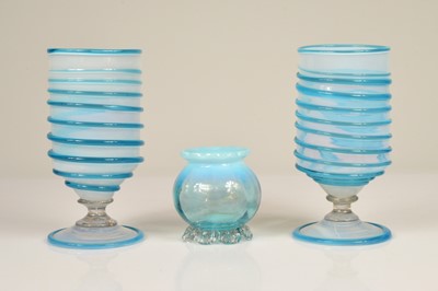 Lot 31 - A pair of hand blown footed Vaseline and blown spill vases