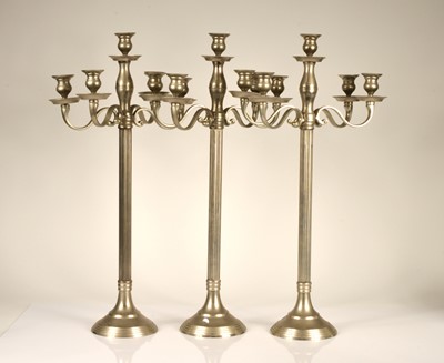 Lot 135 - Three contemporary chromed metal four branch candelabra