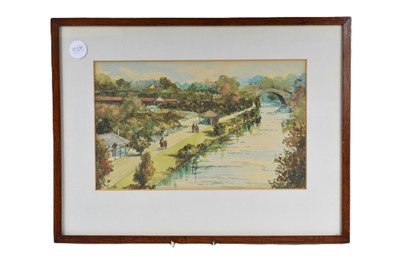 Lot 206 - J Russell 20th century, watercolour of river scene with gardens and bandstand