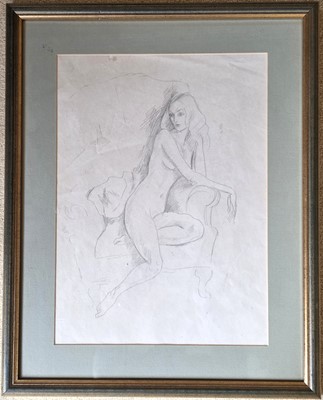 Lot 214 - Attributed to Sir Cecil Beaton, (1904-1980) Study of a seated nude in a wing back chair, pencil on paper, unsigned