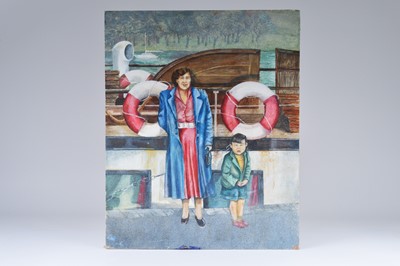 Lot 215 - David Myers (1957-2024) Self portrait as a child with his mother, Oil on canvas mounted on board
