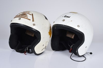 Lot 264 - Two white Arai biker helmets worm by Dave Myers on many Hairy Bikers filming days