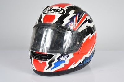 Lot 266 - An Arai Quantum red, white and blue motorcycle helmet worn by Dave Myers