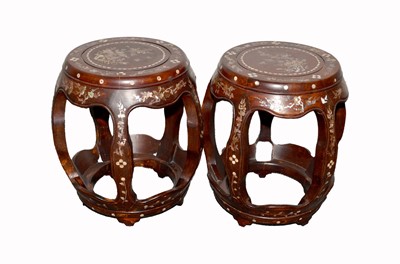Lot 307 - A pair of Chinese hardwood and mother of pearl inlaid side tables