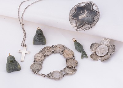 Lot 27 - A three pence coin bracelet together with other silver jewellery