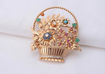 Lot 40 - A 14ct gold flower basket multi gem set brooch