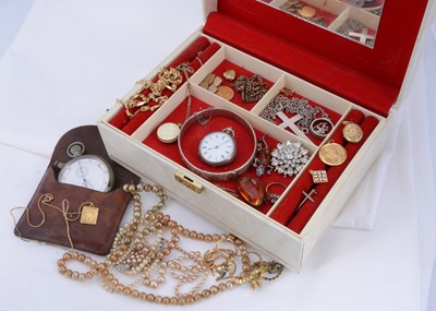 Lot 96 - A selection of costume jewellery, including a silver GP purple gem set brooch, silver hinged bangle, two silver set amber brooches, silver cased fob watch