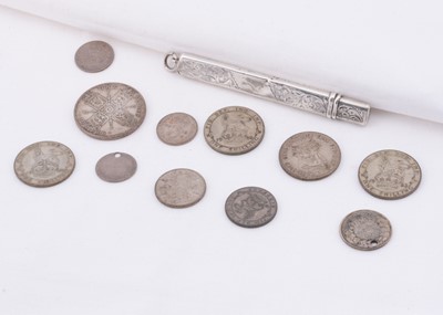 Lot 102 - A silver bridge pencil & collection of coins