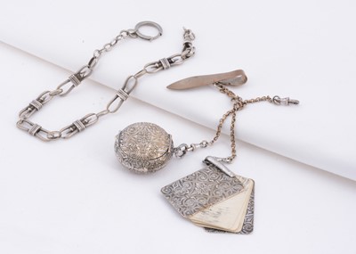 Lot 115 - A white metal booklet & mirror chatelaine