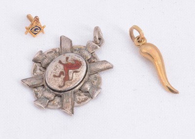 Lot 116 - A sterling silver Scottish heraldic pendant, 14k masonic stud pin & 9ct gold drop pendant
