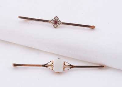 Lot 122 - An Victorian 9ct gold seed pearl & ruby bar brooch , 9ct gold opal bar brooch & Attwood & Sawyer brooch