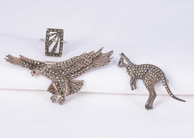 Lot 149 - Two silver marcasite set brooches & Art Deco style ring