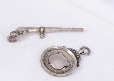 Lot 151 - A silver pocket watch fob medal & horse hoof watch key