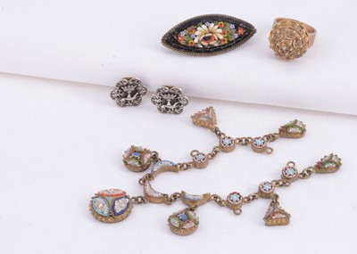 Lot 187 - A pair of filigree Brittany ermine & crown earrings, micro mosaic brooch, churro style button motif ring & micro mosaic part necklace