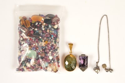 Lot 203 - A silver Coleman Douglas pearls grey drop pendant necklace, gilt metal faceted labradorite pendant, purple stone clip & bag of loose stones & gems