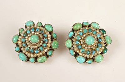 Lot 217 - A pair of turquoise & seed pearl rosette earrings