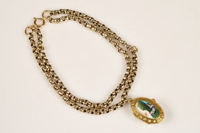 Lot 219 - A 9ct gold double row bracelet with gilt enamelled charm