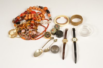 Lot 229 - A collection of costume jewellery including two micro mosaic pill boxes, vintage travel compass