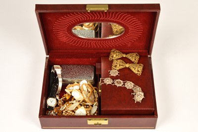 Lot 233 - A collection of costume jewellery & filigree web bracelet (one spider missing) & two filigree gilt bow  brooches, together with  Seiko & Timex watch