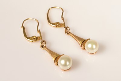 Lot 240 - A pair of 14k gold cultured pearl drop earrings