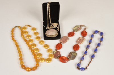 Lot 248 - A Murano glass string of beads, together with hardstone silver set pendant & three strung necklaces