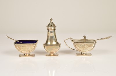 Lot 323 - An Art Deco period silver three piece cruet set from PP Ltd