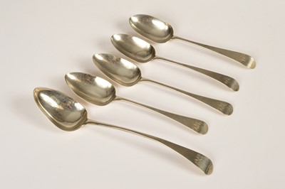 Lot 372 - Five Georgian silver Old English pattern tablespoons