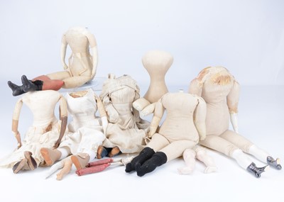 Lot 336 - Seven 19th century shoulder-head doll  bodies