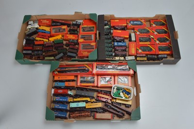 Lot 30 - Hornby and Tri-ang Freight wagons with Minic and other plastic vehicles (90)