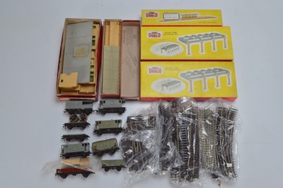 Lot 178 - Hornby-Dublo 00 Gauge 2-Rail plastic Buildings including Station and Engine Shed Extensions unboxed Rolling Stock and 2-Rail Track (qty)