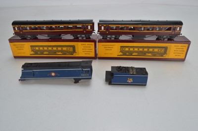 Lot 243 - Graham Farish 00 Gauge BR blue Merchant Navy Locomotive and Tender bodies and pair of boxed Coachcraft Vestibule Coaches (4)