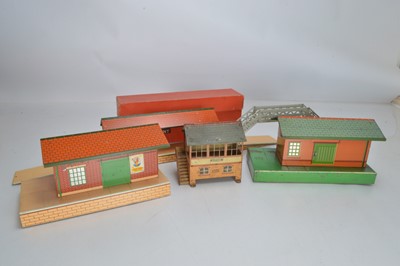 Lot 471 - Hornby O Gauge metal buildings and footbridge (5)