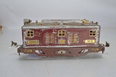 Lot 544 - Lionel Standard overhead electric style Locomotive No 8, Box Van and track, (3)