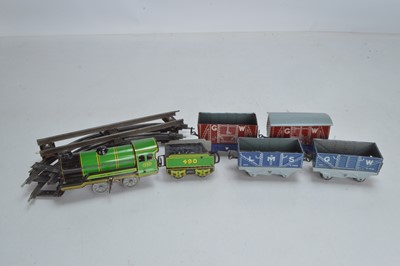 Lot 553 - A Mettoy O Gauge 0-4-0 Locomotive and tender with goods wagons and Hornby Track