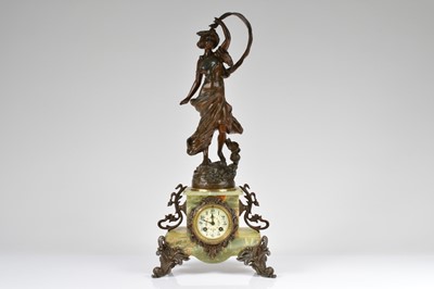 Lot 3 - A late 19th century French marble and spelter mantle clock