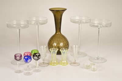 Lot 25 - A pair of Vaseline glass trumpet style posey vases and other items