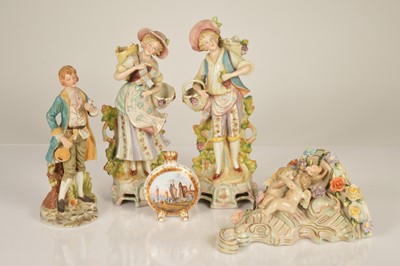 Lot 89 - A pair of continental porcelain figurine of grape pickers and other items