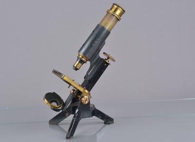 Lot 3 - A late-19th Century lacquered and black-enamelled brass Compound Monocular Microscope engraved Jas Parkes & Son Birmingham