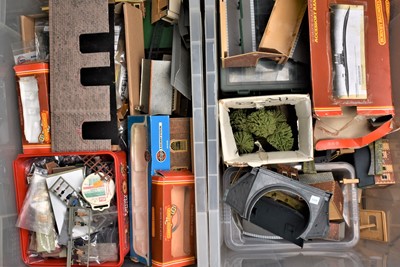 Lot 487 - Tri-ang and Hornby 00 gauge Track with Buildings People and accessories (qty)